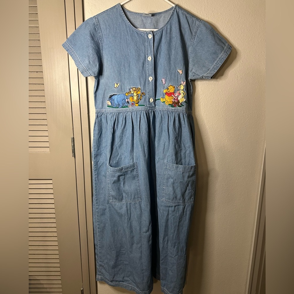 Vintage 90s Disney Denim Dress Woman's Medium‎ Contemporary Embroidered Winnie